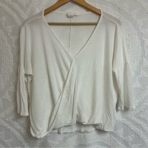 3/4 Dolman Sleeve Ribbed Jersey Surplice Top White